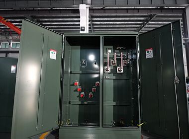 Pad-mounted transformer with compartment doors open (layout view) Pad-mounted transformer with compartment doors open (layout view)
